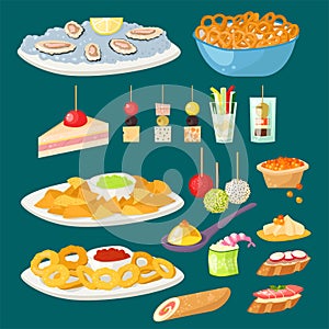 Various meat canape snacks appetizer fish and cheese banquet snacks on platter vector illustration.