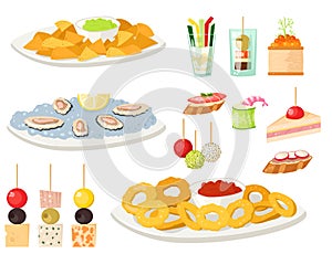 Various meat canape snacks appetizer fish and cheese banquet snacks on platter vector illustration.