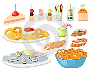 Various meat canape snacks appetizer fish and cheese banquet snacks on platter vector illustration.