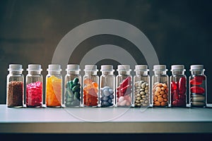 Various medical capsules and tablets in jars. Biologically active additives. Generative AI