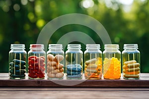 Various medical capsules and tablets in jars. Biologically active additives. Generative AI