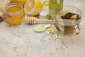 Various medicines for flu and cold remedies on a white wooden table .. Cold. diseases. cold. flu