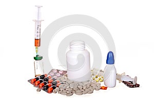 Various medicines, pills and syringes