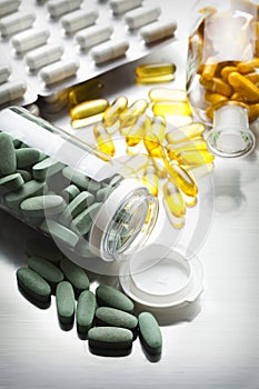 Various medicines on a steel table