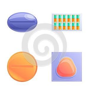 Various meds icons set cartoon vector. Pill and capsule blister
