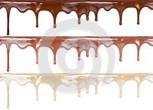 Various melt chocolate on cake top isolated on background. Dark, milk and white one are included.