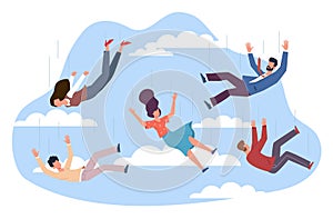 Various men and women fall in sky among clouds. Falling characters in different poses. Movement in air. People in flight