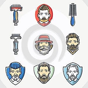 Various mens bearded faces, unique style barber tools, razor comb also depicted. Cartoonstyle photo