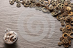 Various metal cogwheels and clockwork