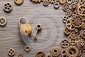 Various metal cogwheels and gear wheels