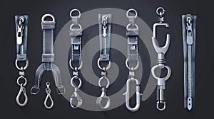 Various metal zip fasteners, silver or steel zippers with puller, clothing hardware, apparel accessory, open or close photo