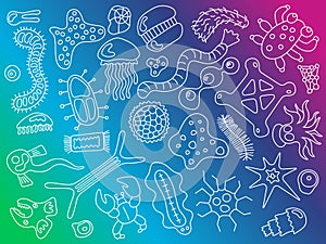 Various microorganisms on colorful gradient background pattern. Backdrop with infectious germs, protists, microbes