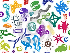 Various microorganisms seamless pattern. Backdrop with infectious germs, protists, microbes, disease causing bacteria