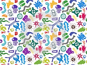 Various microorganisms seamless pattern. Backdrop with infectious germs, protists, microbes, disease causing bacteria