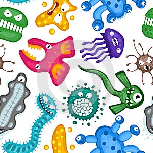 Various microorganisms virus vector cartoon bacteria germ emoticon character seamless pattern. Bacterial ilness