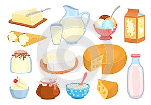 Various milk products. Cartoon dairy food. Cottage cheese. Butter piece. Sour cream. Yoghurt bottle. Jug and glass