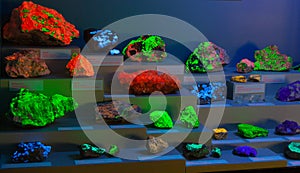 Various Minerals - under different light source showing fluorescence under ultra violet light