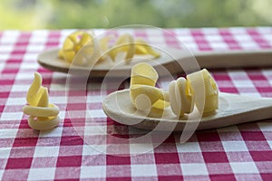 Various mix of pasta on wooden spoons on purple white checkered tablecloth, shapes ruotes and macaroni