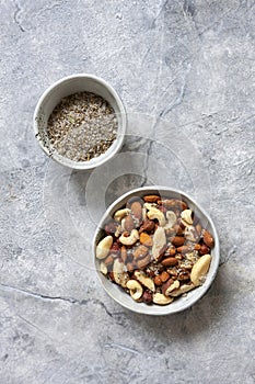 Various mixed Nuts with rosemary sea salt on gray background. Top view, close up. Autumn, harvest concept