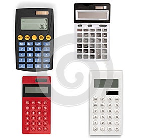 Various modern calculators isolated on white