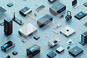 Various modern technological devices are arranged on a sleek surface, interconnected