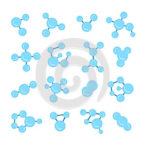 Various molecular model icons set isolated on white background. Group of atoms bonded together, chemical compound, physics,