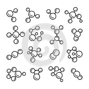 Various molecular model line icons set isolated on white background. Group of atoms bonded together, chemical compound, physics,