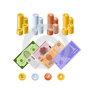 Various monetary currencies, in form of cash, paper bills, coins.