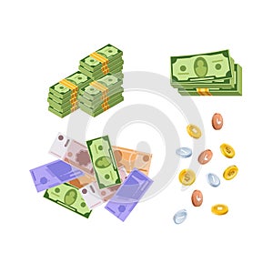Various monetary currencies, in form of cash, paper bills, coins.