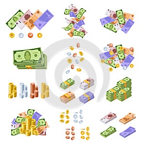 Various monetary currencies, in form of cash, paper bills, coins.