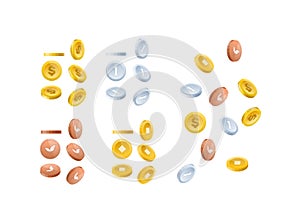 Various monetary currencies, in form of gold and silver coins.