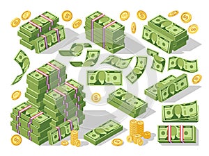 Various money bills dollar cash paper bank notes and gold coins vector set