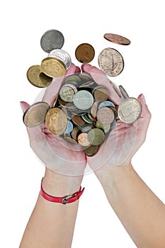 Various money coins rain falling down in to hands