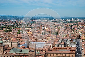 Various monuments and towers of the city in aerial view, Bologna ITALY