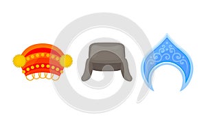 Various National Headdress with Kokoshnik and Fur Hat with Earflaps Vector Set