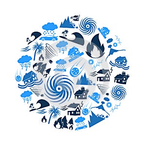 Various natural disasters problems in the world blue icons in circle eps10