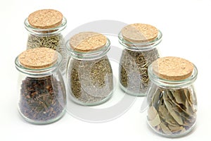 Various Natural food items and medical herbs in glass jars.