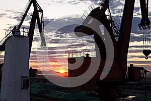 Various night views of the port, piers, terminal and cityline of the Port Jinzhou, China, September, 2020.