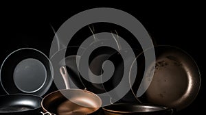 Various non-stick frying pans with handles in a row, chrome-plated, dark background. AI generated.