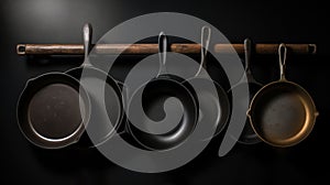 Various non-stick frying pans with handles in a row, chrome-plated, dark background. AI generated.