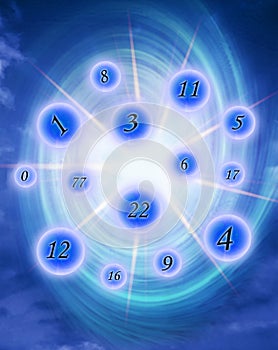 Various numbers with rays of light and energy blue whirl