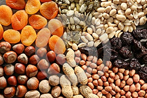 Various nuts with dried fruits, closeup