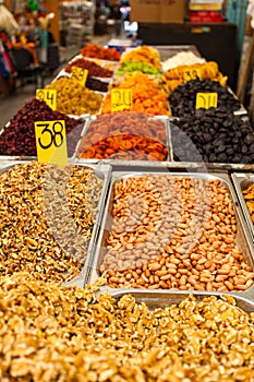 Various nuts and dried fruits on the Mahane Yehuda Market.