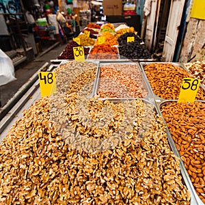 Various nuts and dried fruits on the Mahane Yehuda Market.