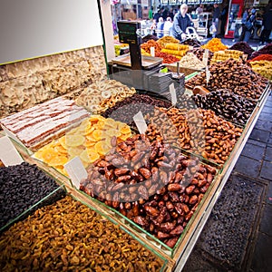 Various nuts and dried fruits on the Mahane Yehuda Market.