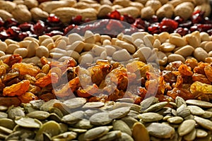 Various nuts with dried fruits and pumpkin seeds, closeup