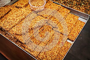 Various nuts in kozinaki on the Mahane Yehuda Market.