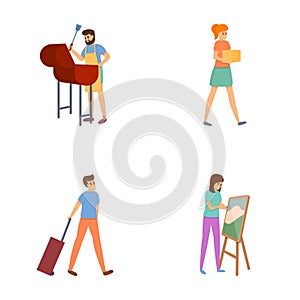Various occupation icons set cartoon vector. People enjoying different hobby