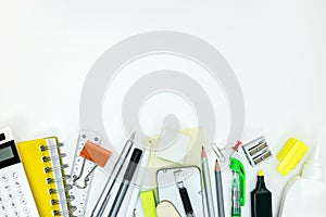 Various of office stationary and tools on white background with