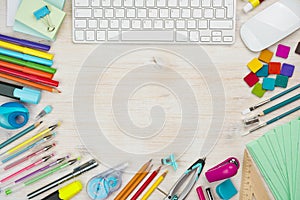 Various office supplies background with copy space in the middle